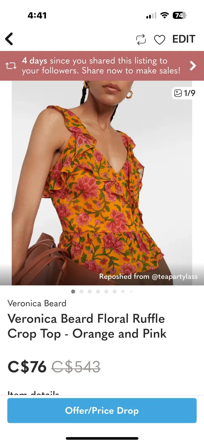 Veronica Beard Floral Ruffle Crop Top - Orange/Pink