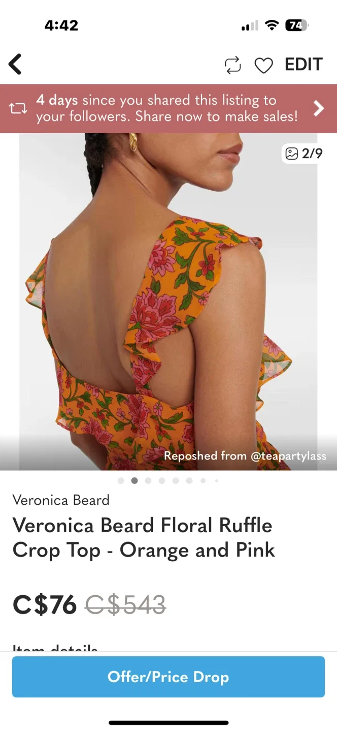 Veronica Beard Floral Ruffle Crop Top - Orange/Pink image indicator(2)