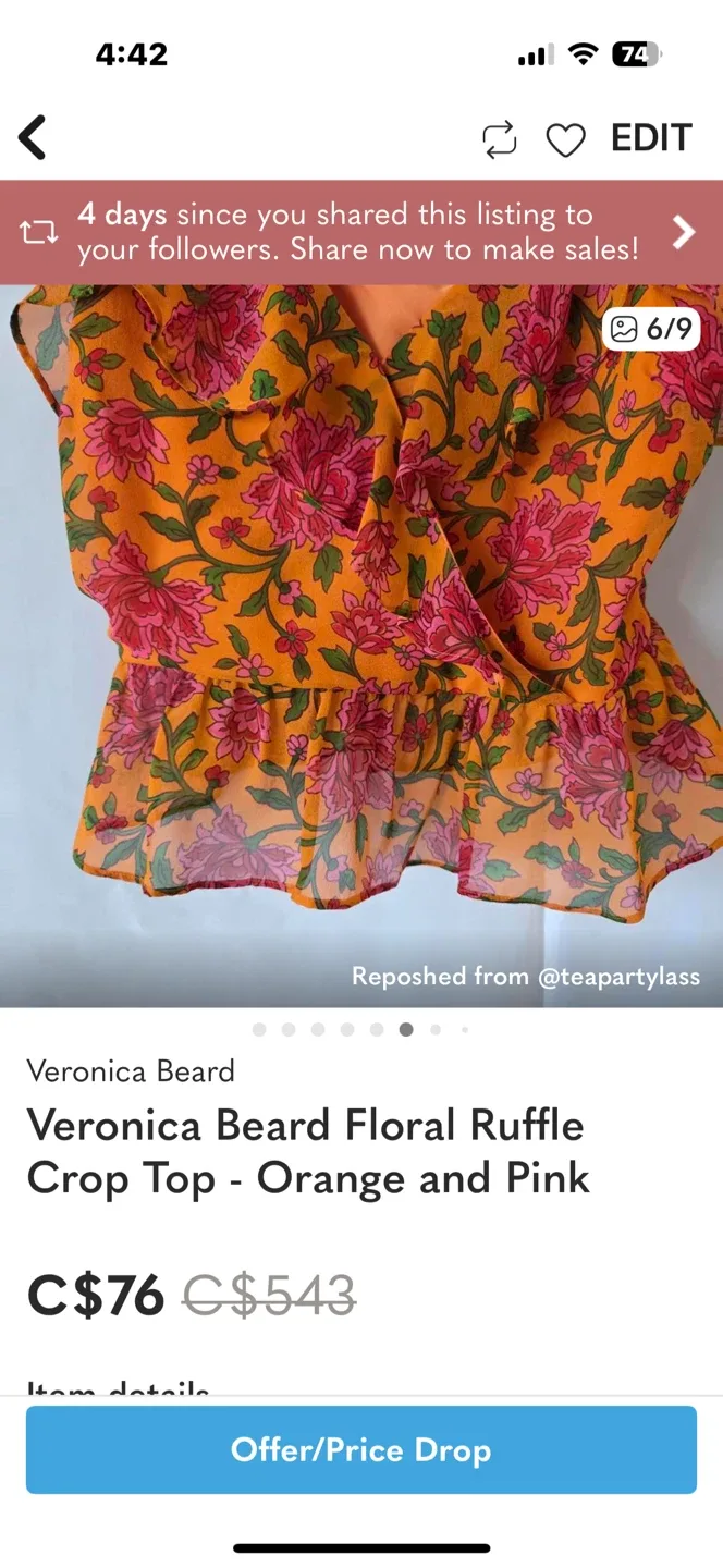 Veronica Beard Floral Ruffle Crop Top - Orange/Pink image indicator(6)