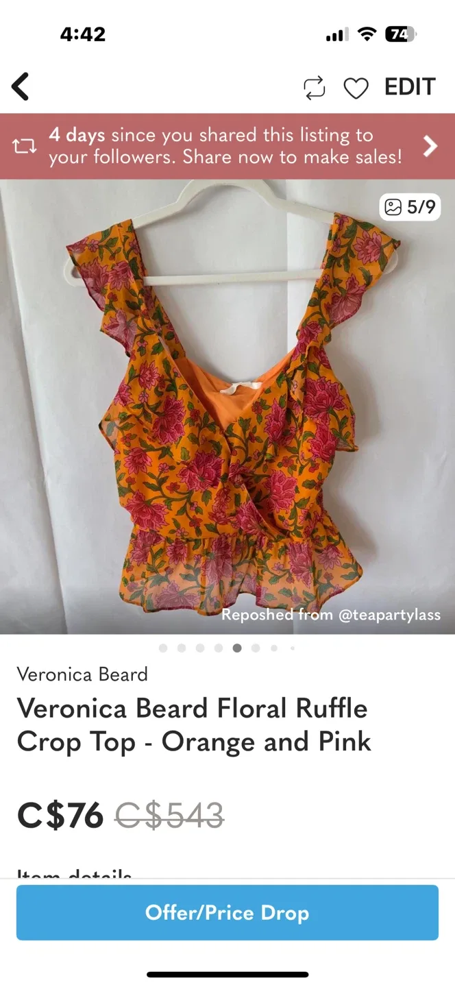 Veronica Beard Floral Ruffle Crop Top - Orange/Pink image indicator(5)