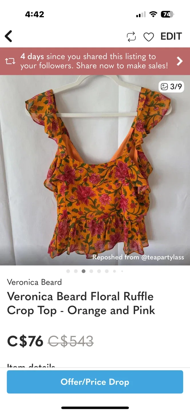 Veronica Beard Floral Ruffle Crop Top - Orange/Pink image indicator(3)