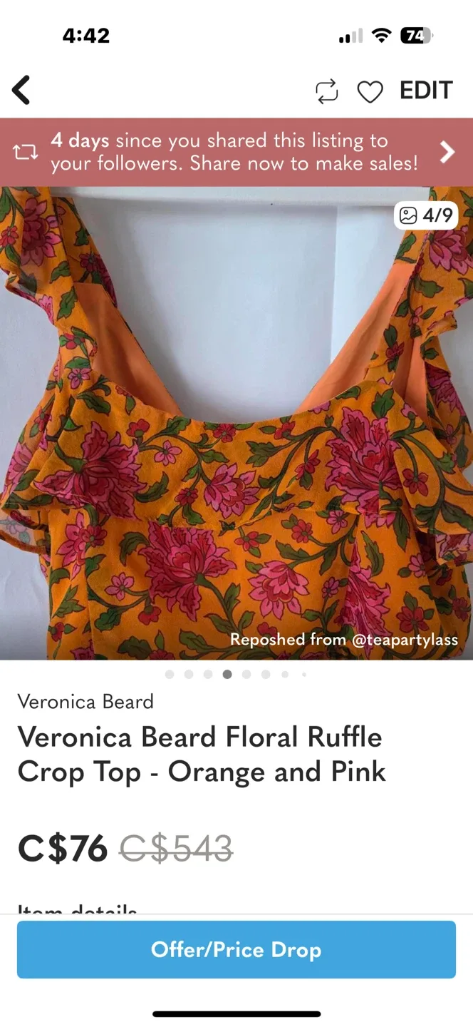 Veronica Beard Floral Ruffle Crop Top - Orange/Pink image indicator(4)