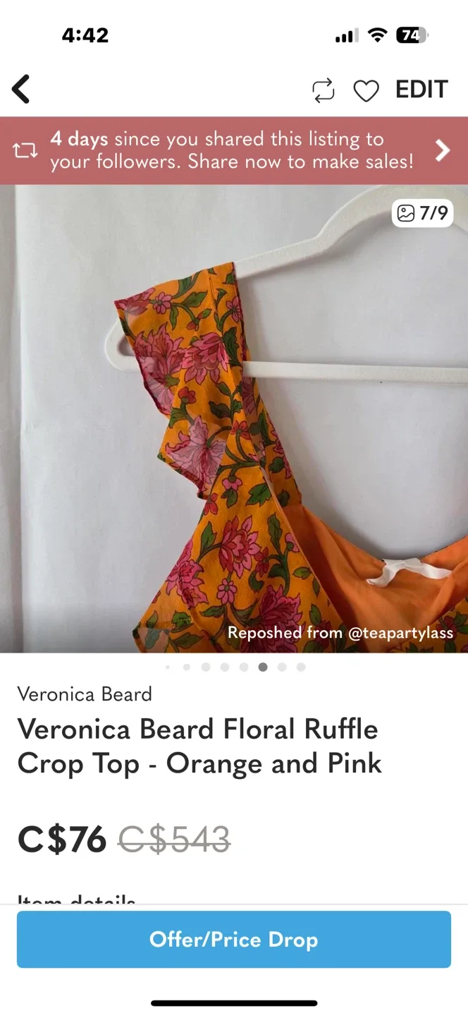 Veronica Beard Floral Ruffle Crop Top - Orange/Pink image indicator(7)