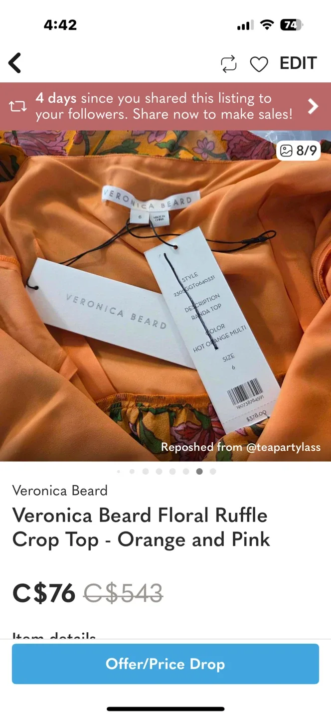 Veronica Beard Floral Ruffle Crop Top - Orange/Pink image indicator(8)