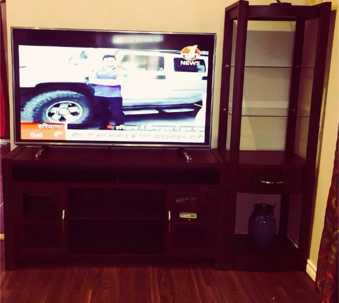 TV Stand with Glass Display Cabinet - Dark Wood
