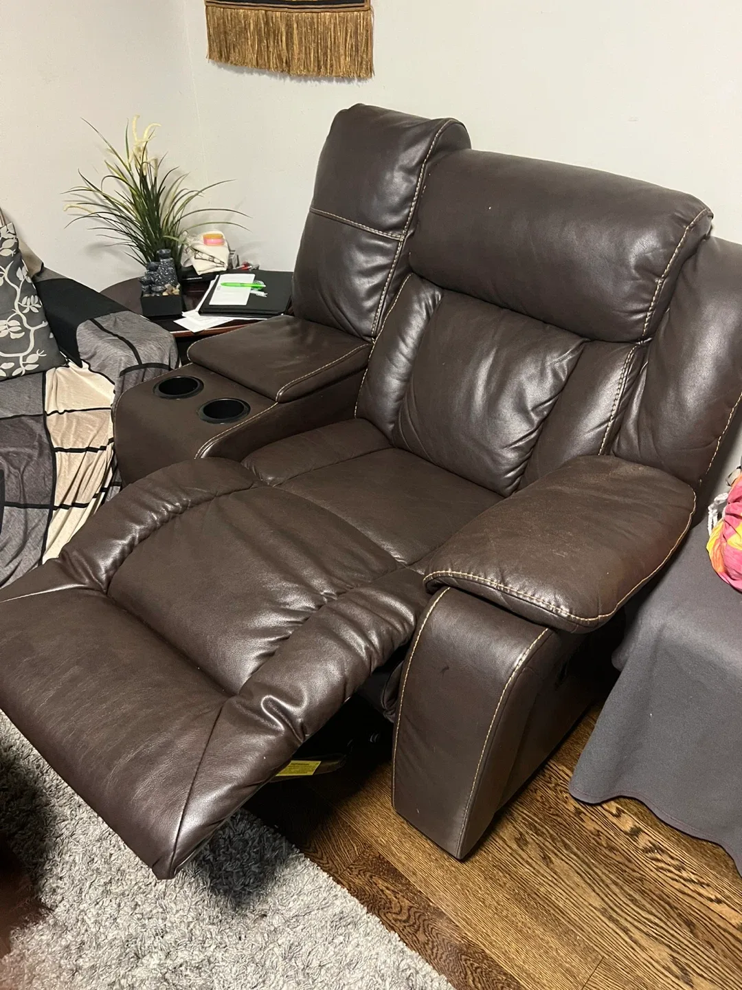 2 Brown Leather Recliners with Cupholders