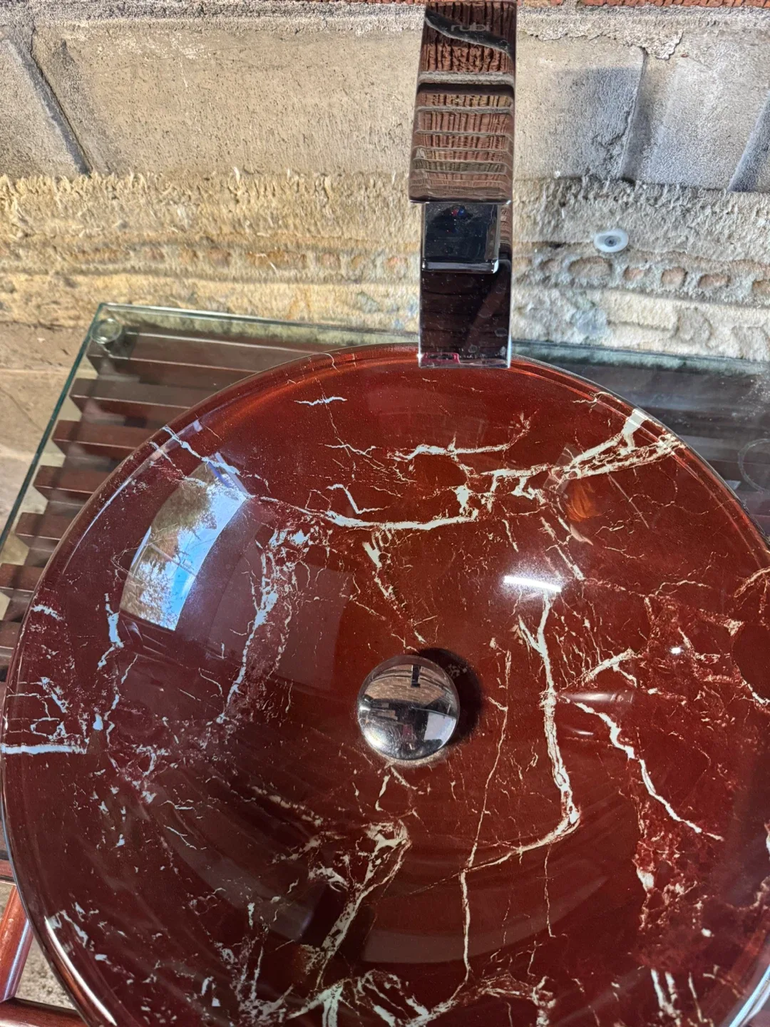 Red Marble-Patterned Glass Vessel Sink image indicator(2)