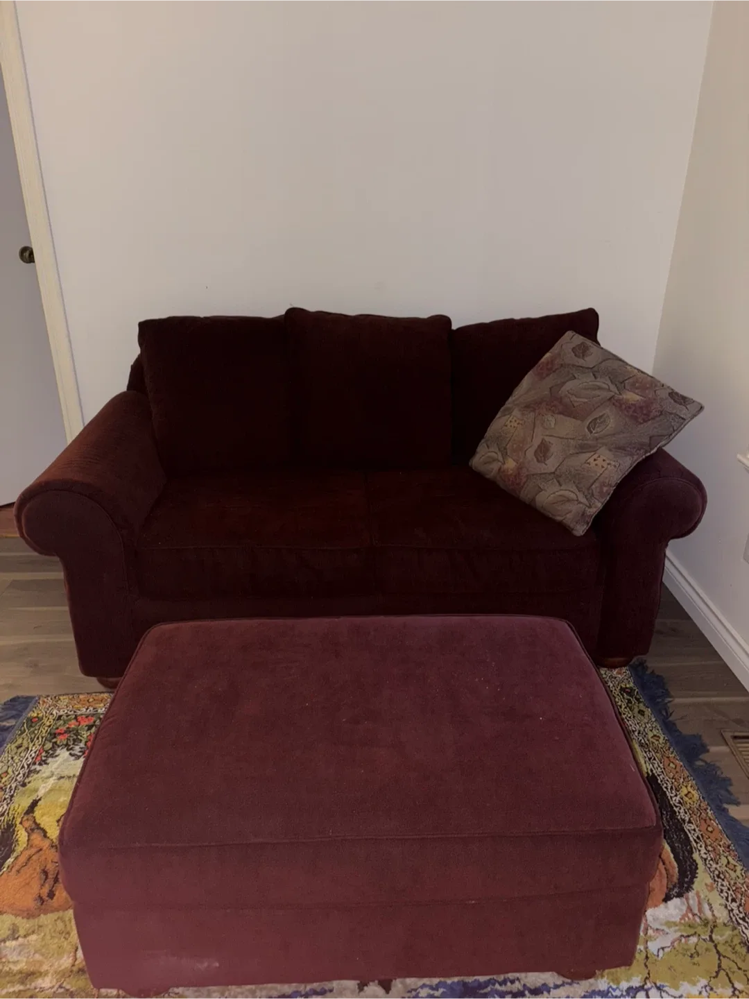 Burgundy Loveseat Sofa with Ottoman
