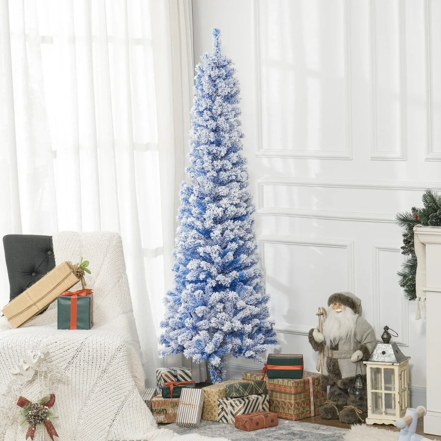 Brand New Box 6' Snow Flocked Blue Pencil Christmas Tree