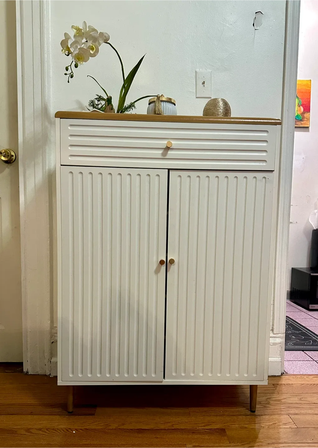 White Storage Cabinet with Wood Top
