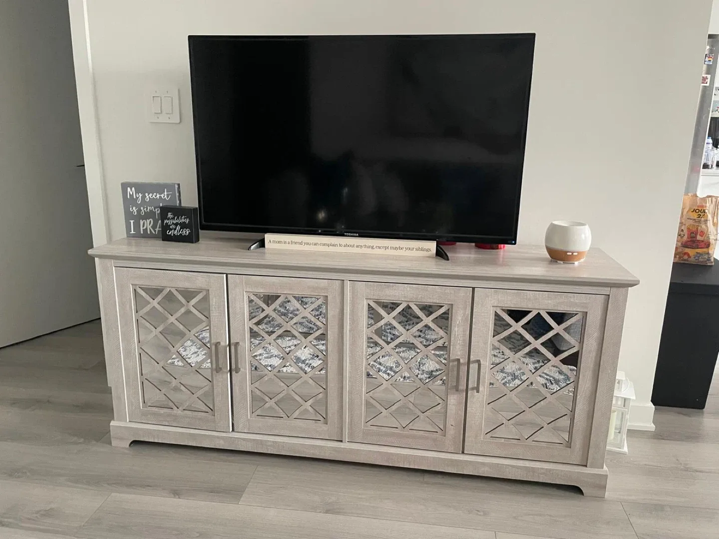 Wooden TV Stand with Mirrored Doors