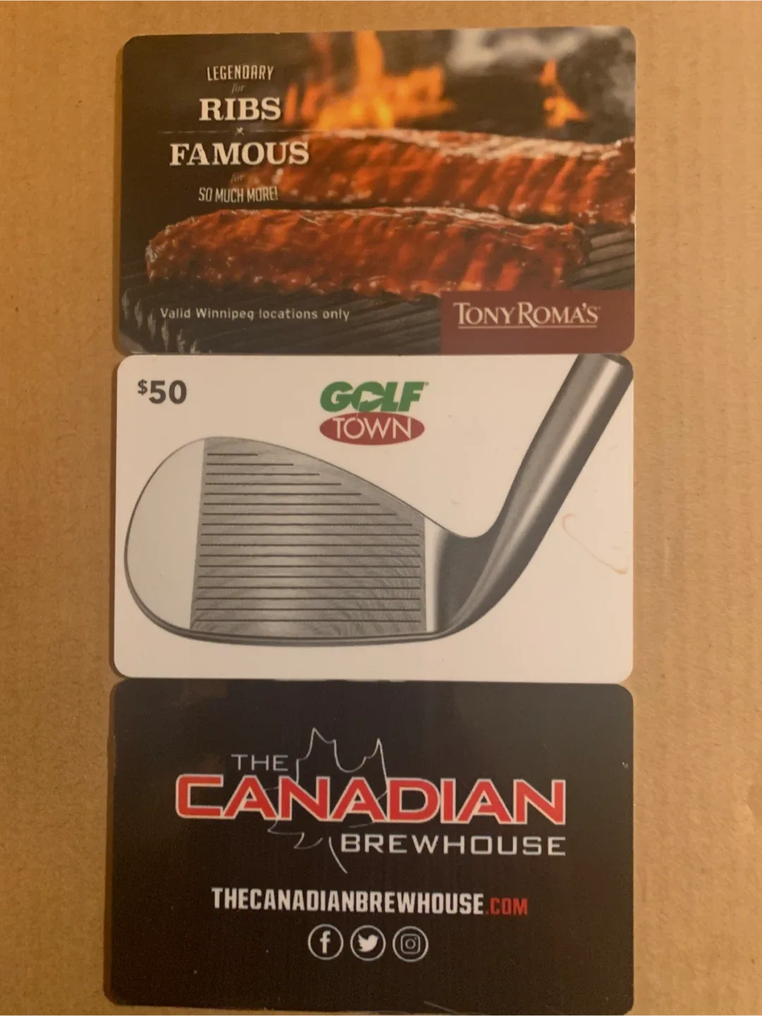 Tony Roma's, Golf Town, Canadian Brewhouse Giftcards