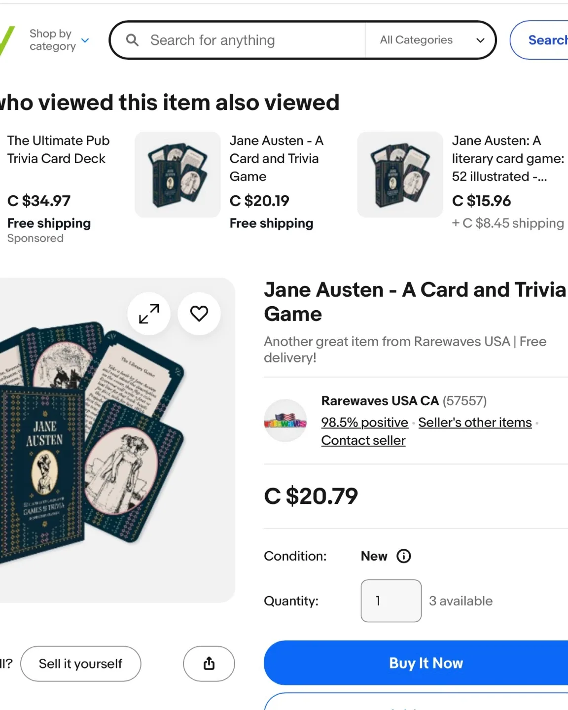New Jane Austen Card and Trivia Game image indicator(4)