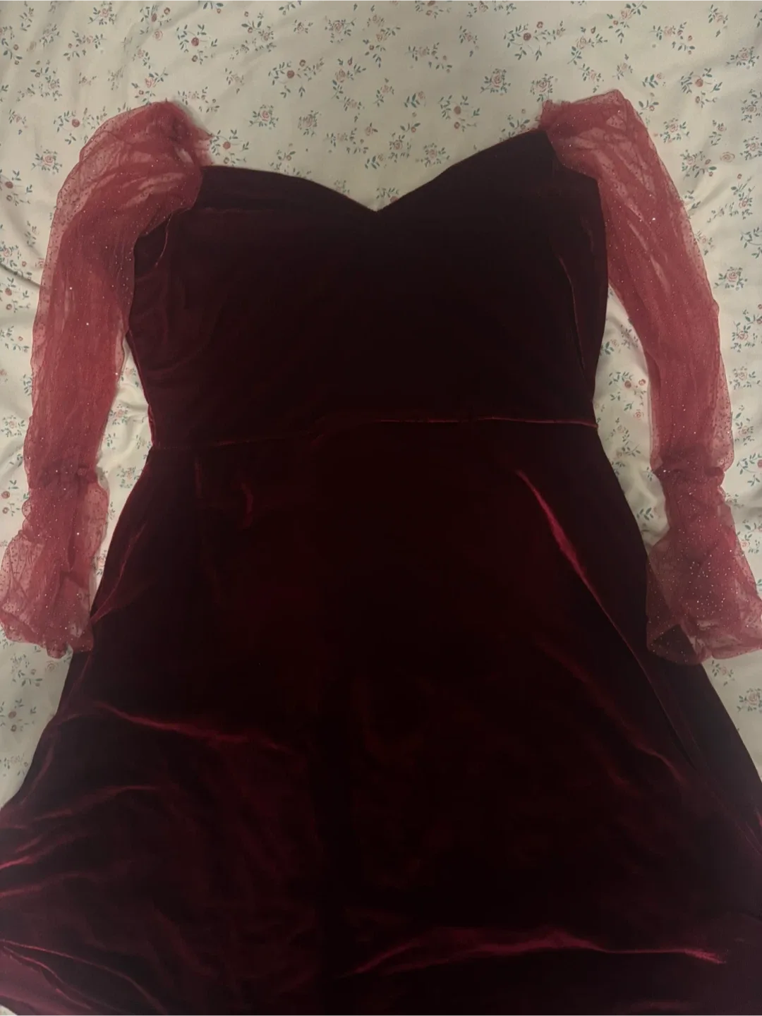 Burgundy Velvet Dress with Mesh Sleeves