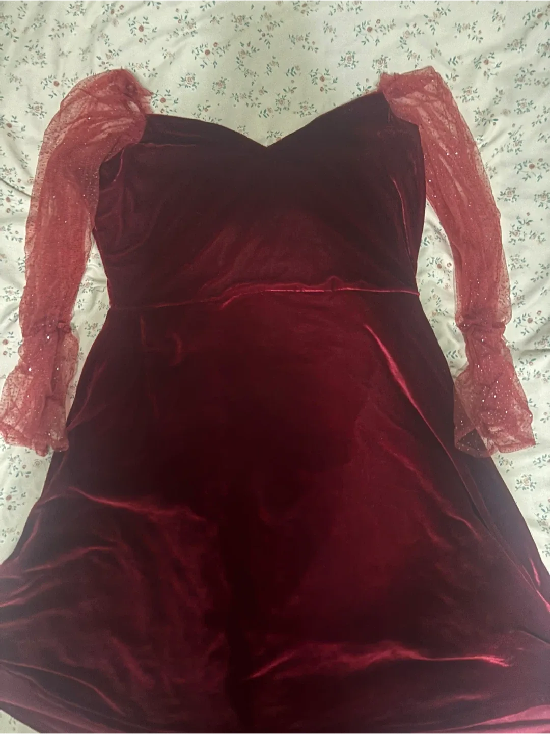 Burgundy Velvet Dress with Mesh Sleeves image indicator(2)