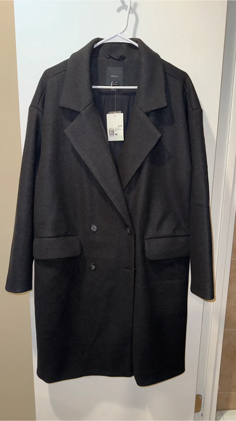 Forever 21 Black Double-Breasted Coat - Size M image indicator(2)