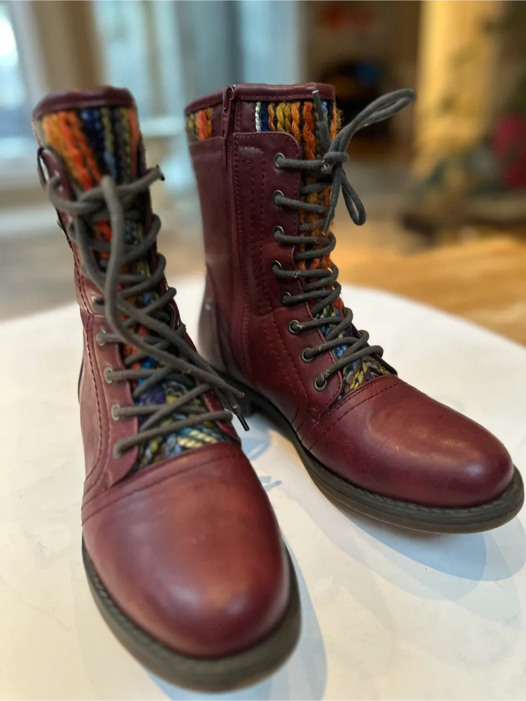 TAXI Burgundy Leather Boots with Knit Detail Sz.  8  LIKE NEW