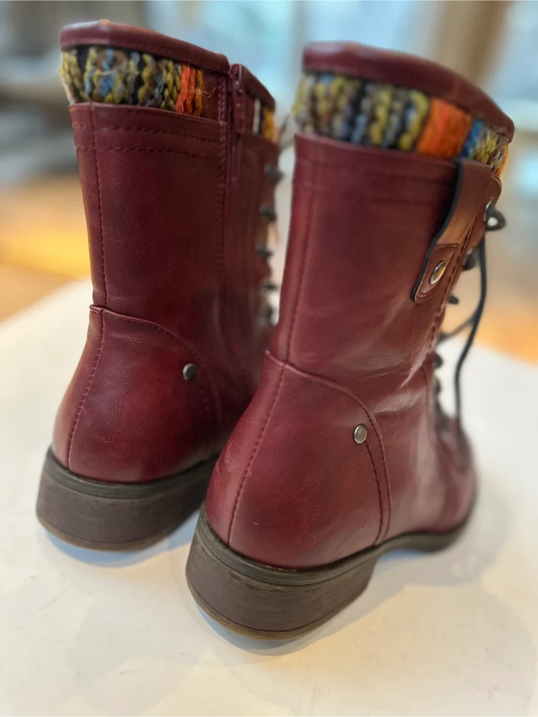 TAXI Burgundy Leather Boots with Knit Detail Sz.  8  LIKE NEW image indicator(4)