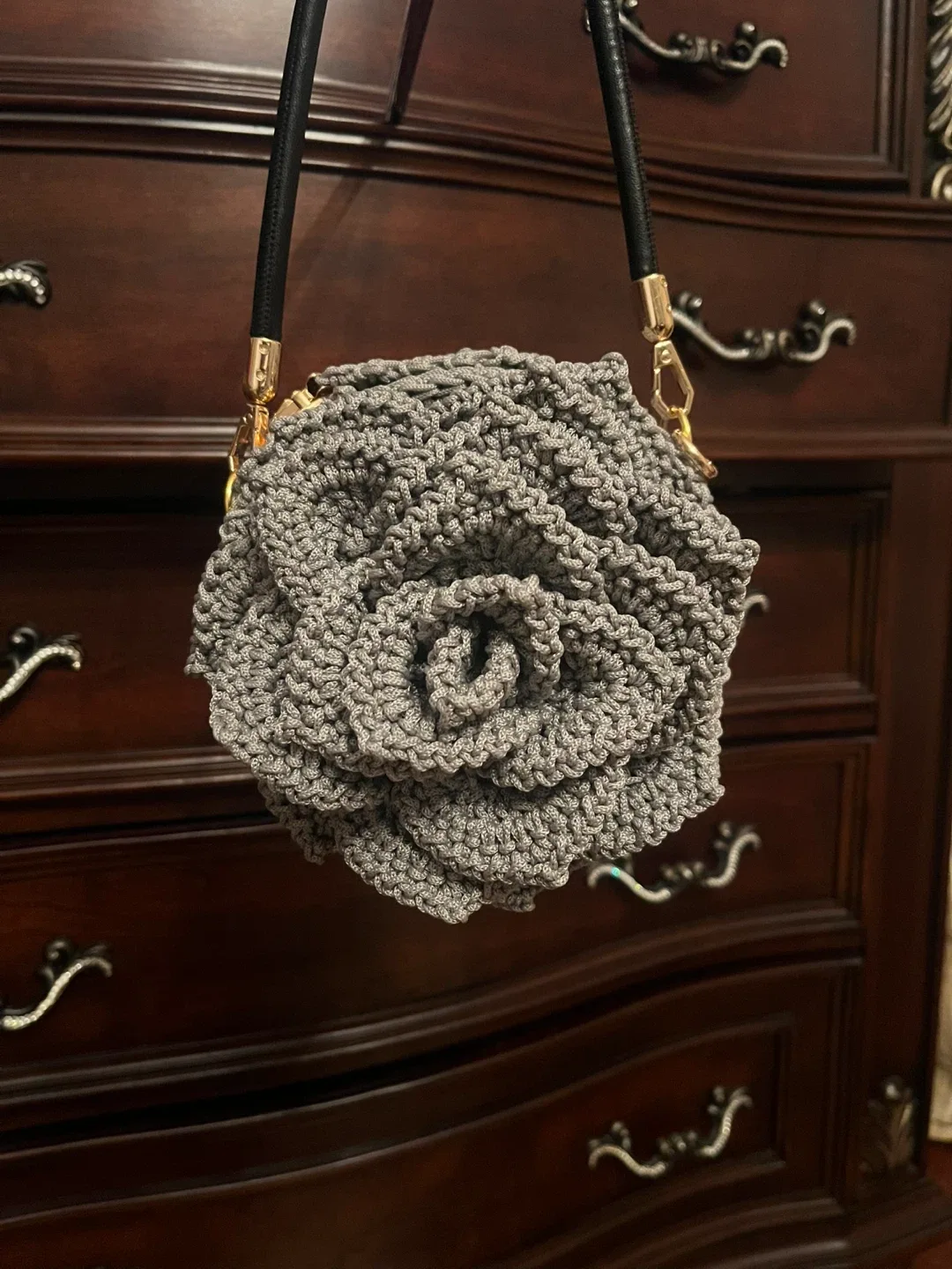 Grey Crochet Flower Bag image indicator(2)
