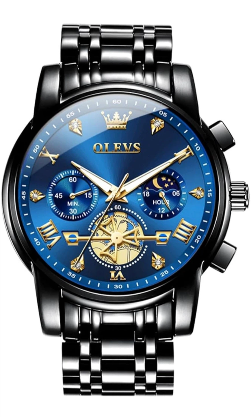 Olevs Blue Dial Black Stainless Steel Watch, New in Box