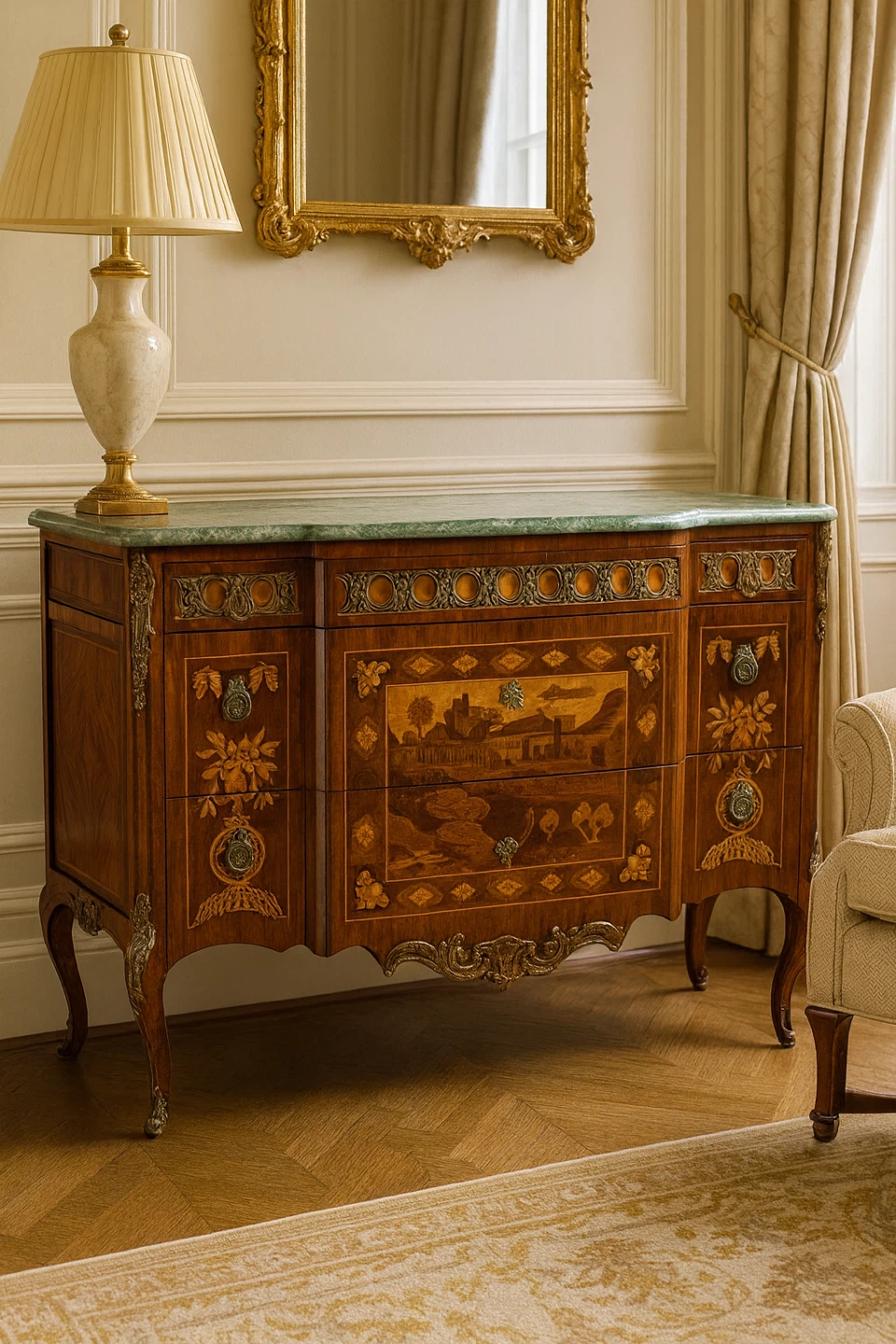 Antique Marquetry Inlaid Wood Dresser
