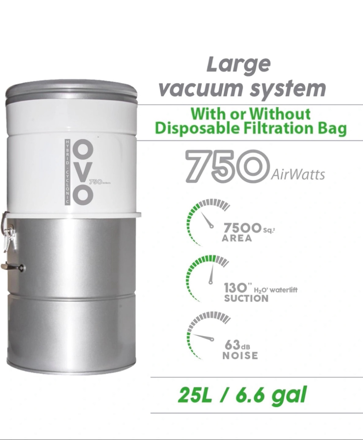 OVO Hybrid Cyclonic Central Vacuum 750 AirWatts