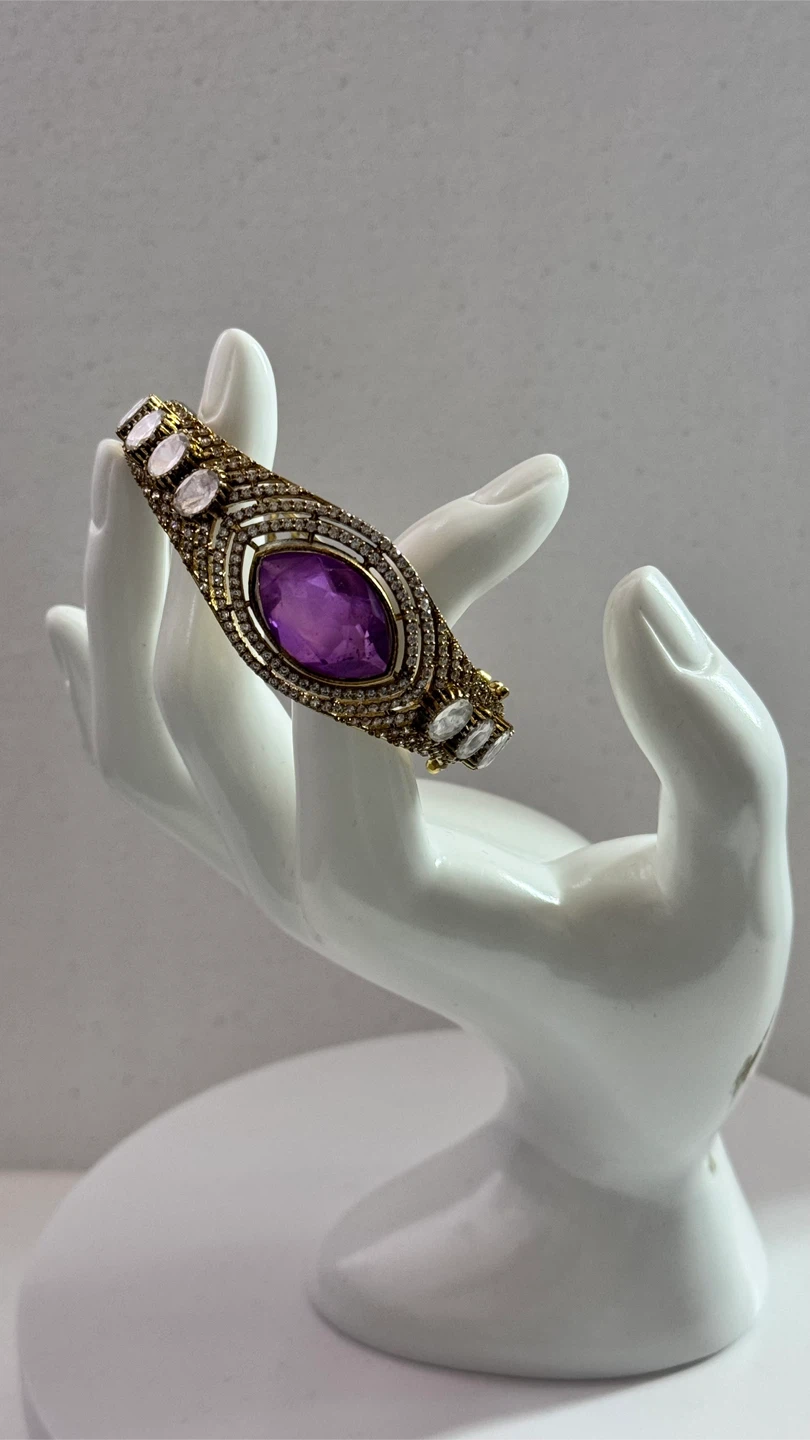 Gold Tone Bangle with Purple moissanite Stone