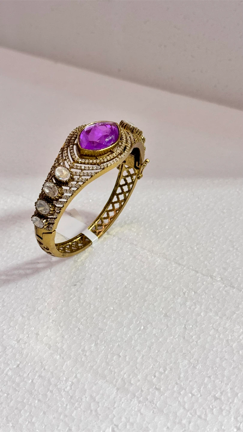 Gold Tone Bangle with Purple moissanite Stone - photo 2