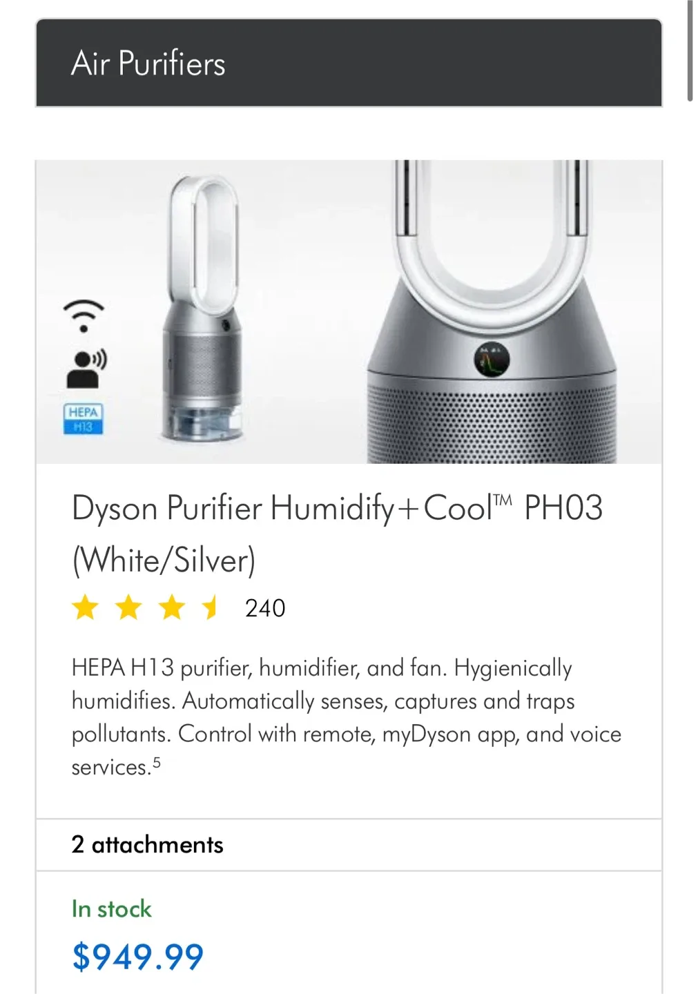 Dyson Purifier Humidify+Cool PH03 (White/Silver) image indicator(4)