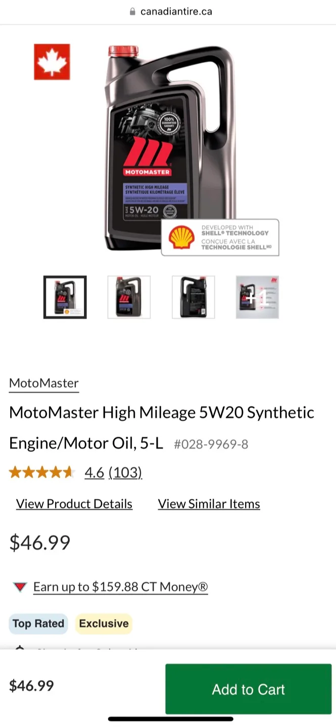 MOTOMASTER SYNTHETIC MOTOR OIL 5W20 - High Milage - 5 Litres image indicator(2)
