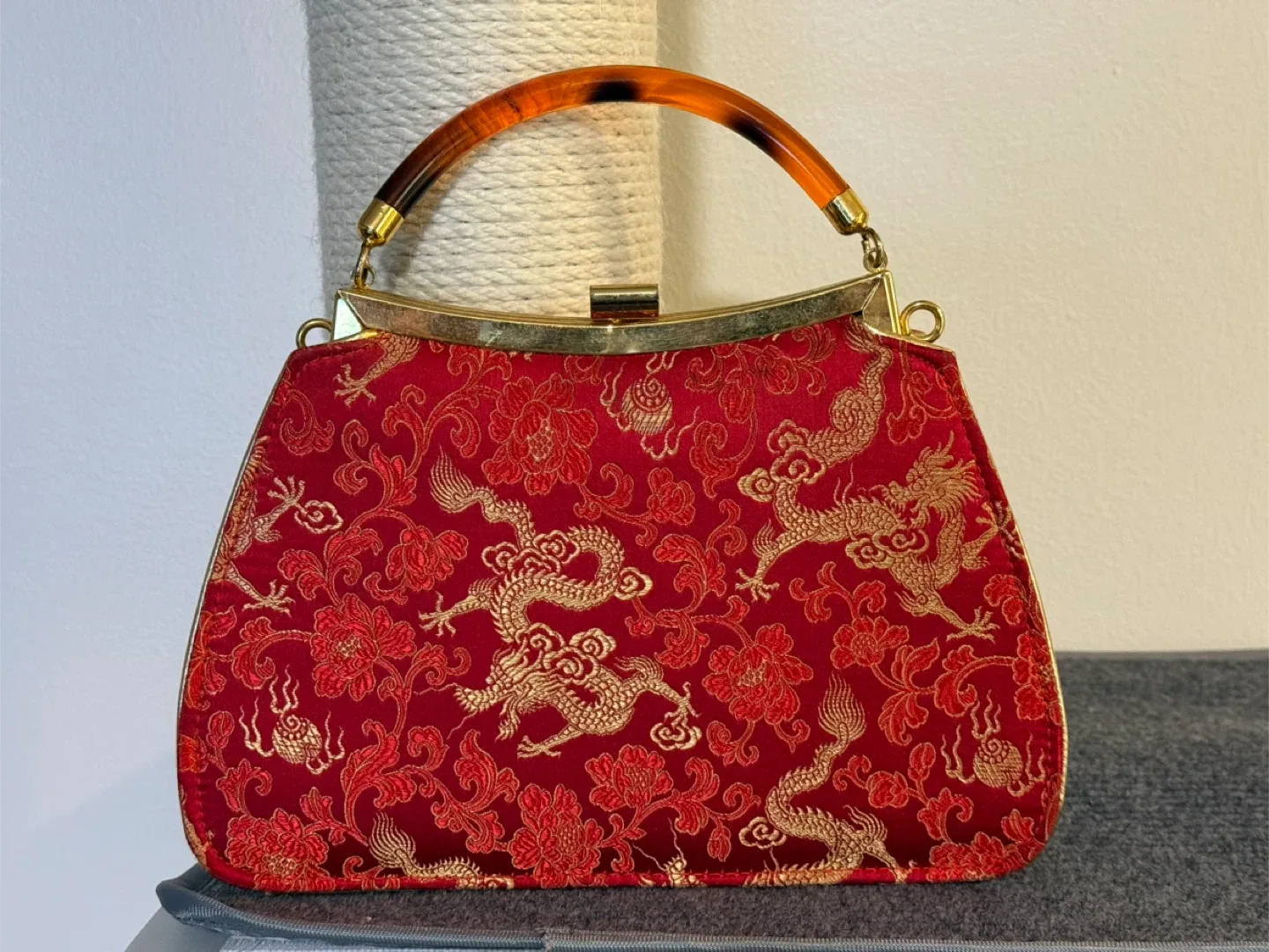 Red & Gold Floral Dragon Purse with Handle