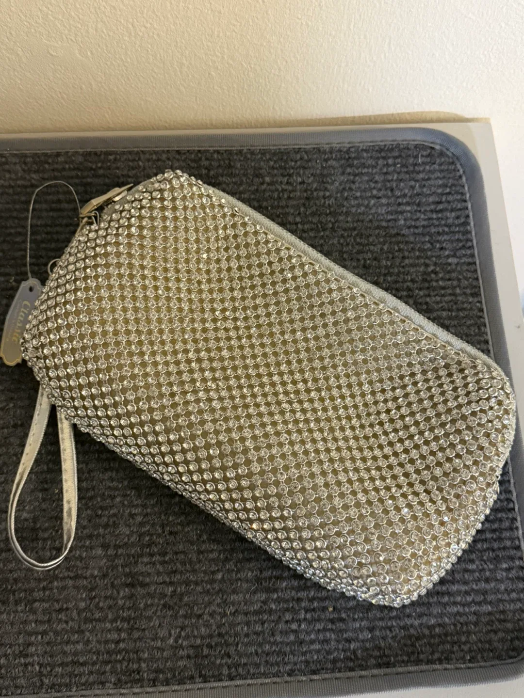 Silver Beaded Evening Clutch with Chain Strap