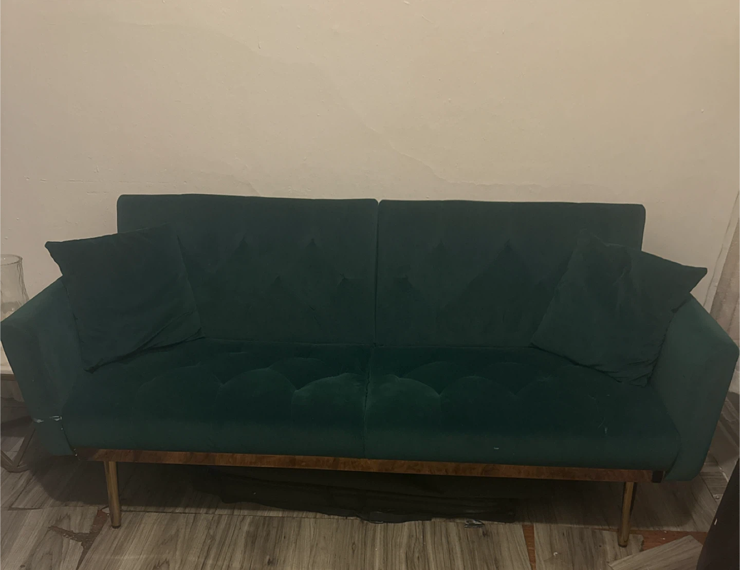 Green Velvet Sofa with Pillows
