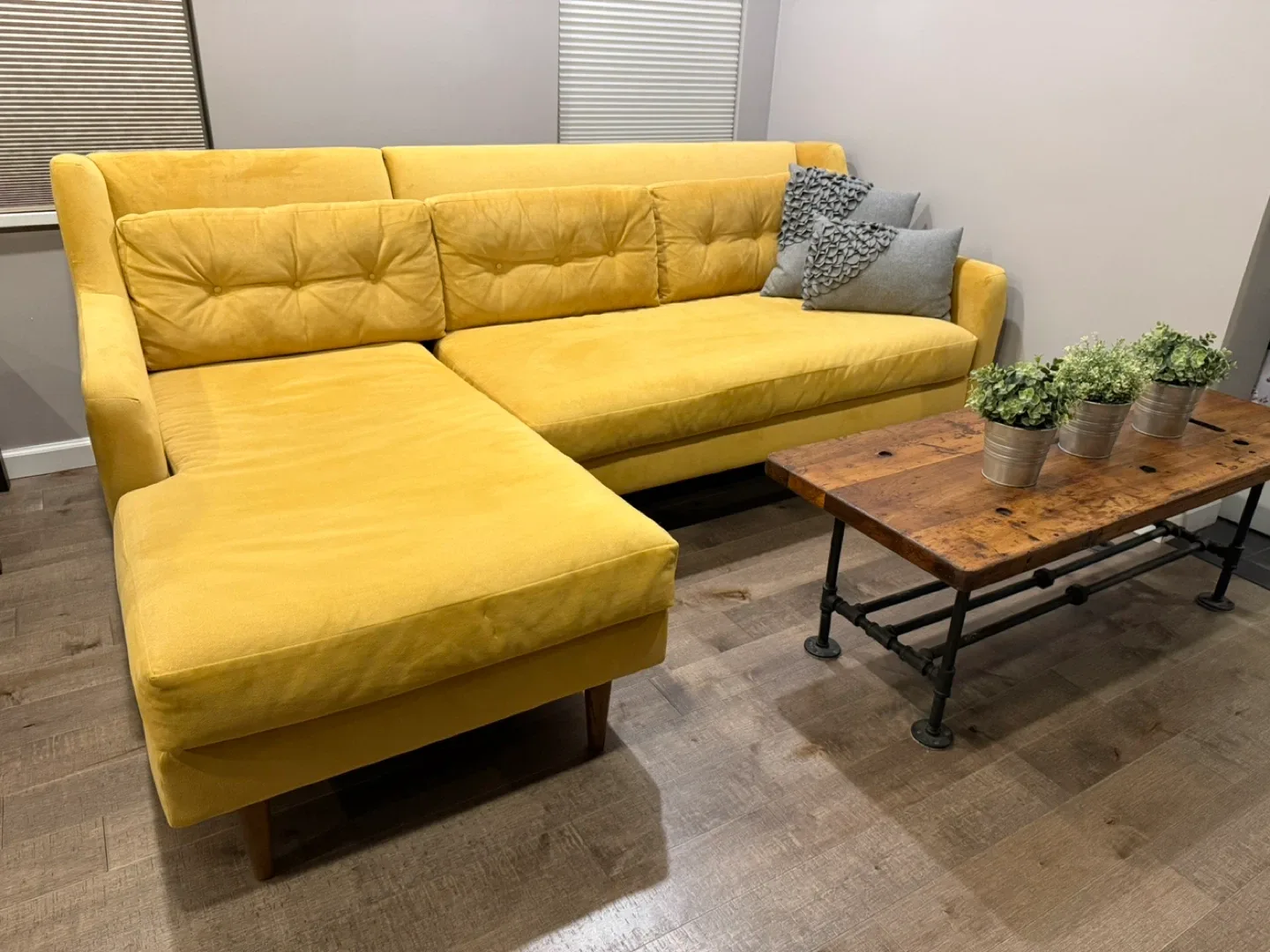 West Elm Crosby 2pc Sectional w/Chaise in Yellow Velvet
