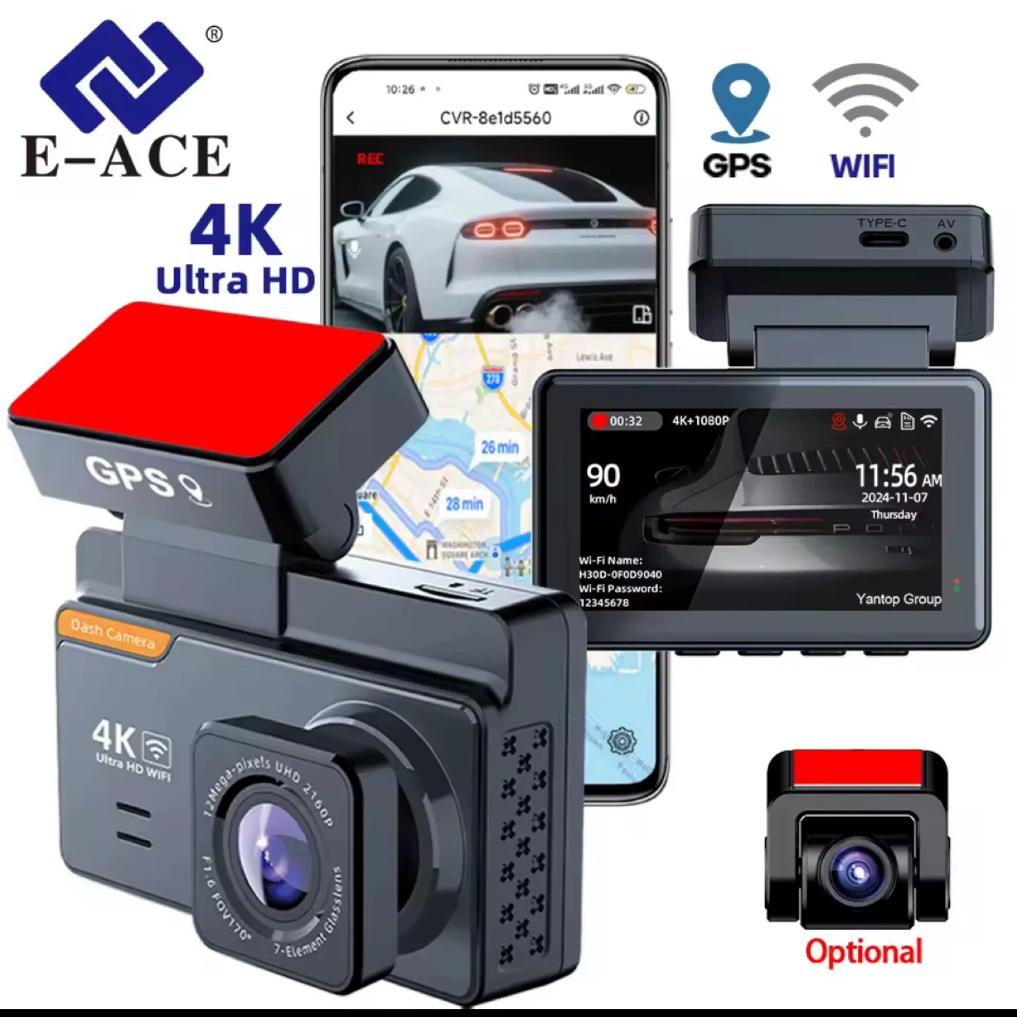 E-ACE 4K Ultra HD Dash Camera with GPS & WiFi