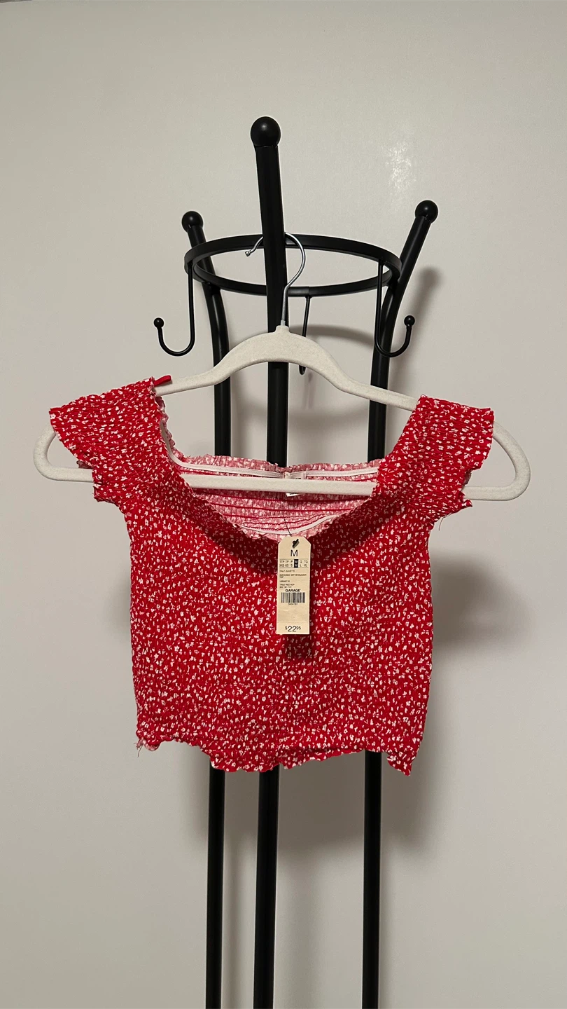 GARAGE: Smocked Off-Shoulder Cropped Top, Red (New with Tags)