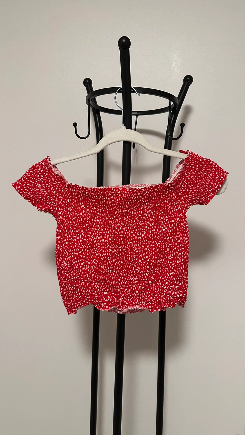 GARAGE: Smocked Off-Shoulder Cropped Top, Red (New with Tags) - photo 3