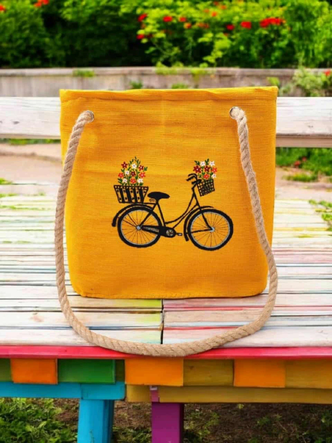 Yellow Hand Made Tote Bag with Bicycle Design