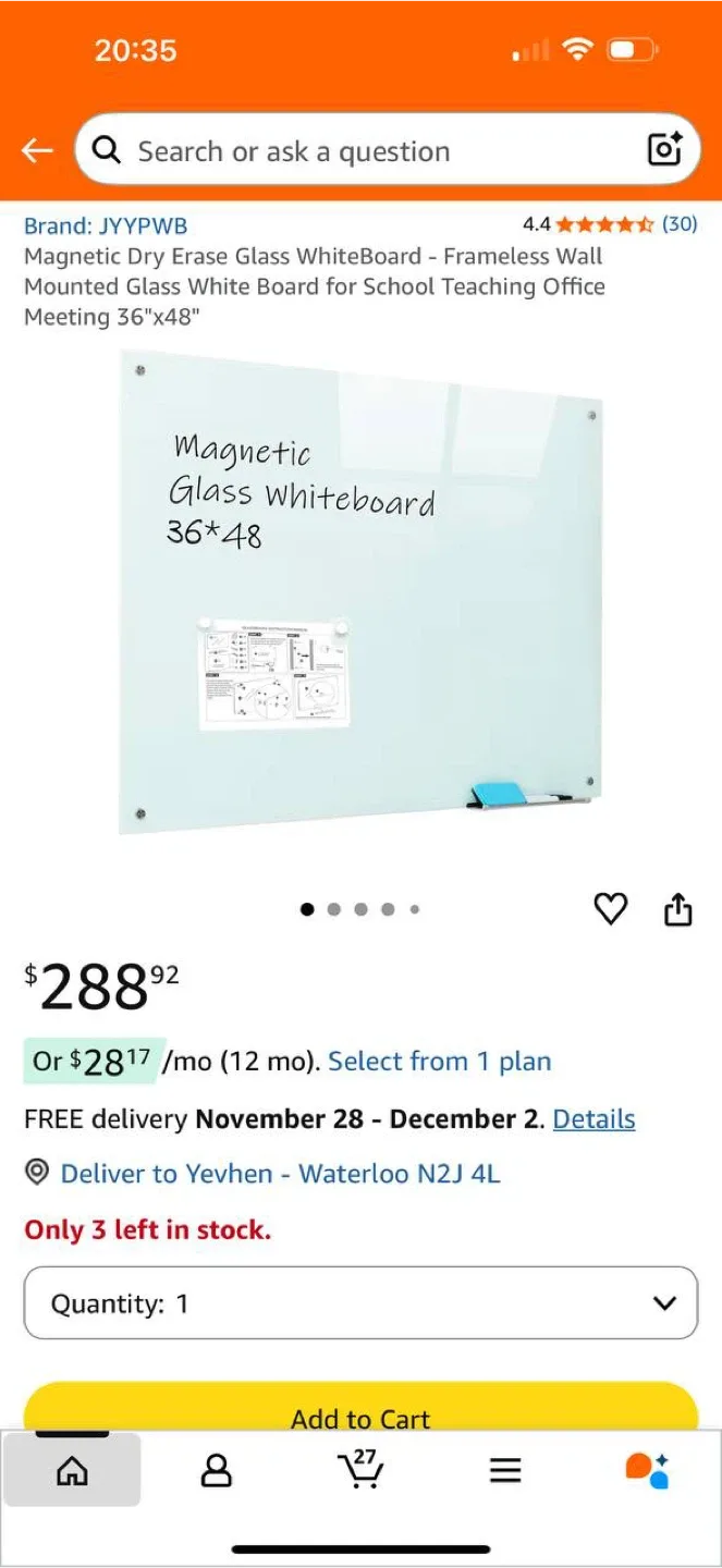 📌 (559)JYYPWB Magnetic Glass Whiteboard 36x48 – BRAND NEW in Bo