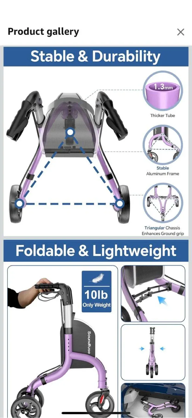 Soundfuse 3-Wheel Rollator Walker – Purple (559)– BRAND NEW image indicator(2)
