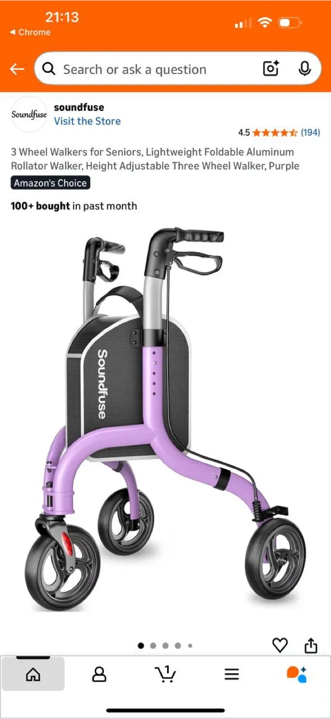 Soundfuse 3-Wheel Rollator Walker – Purple (559)– BRAND NEW