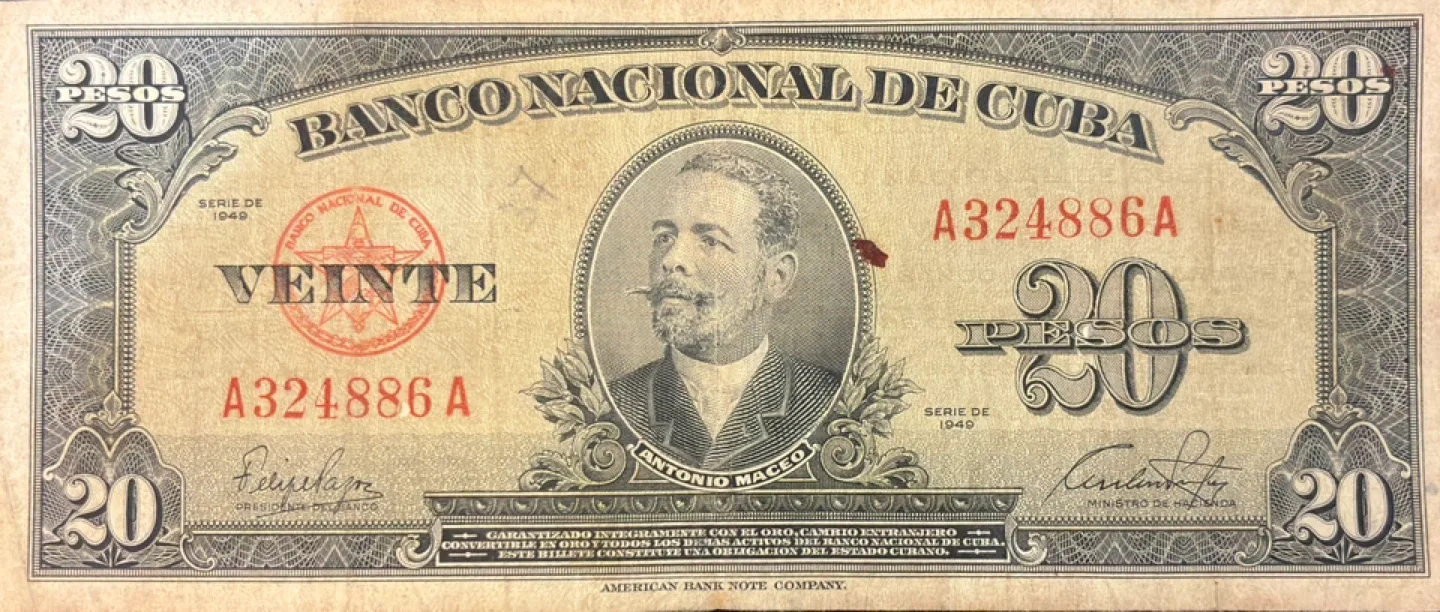 Vintage Uncirculated 20 Cuban pesos 1949