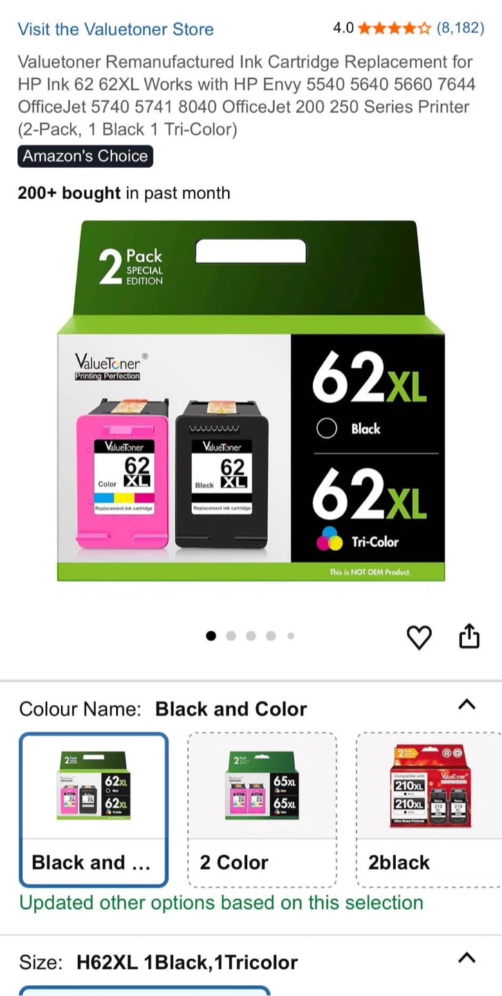 ValueToner 62XL Ink Cartridge - Black & Tri-Color