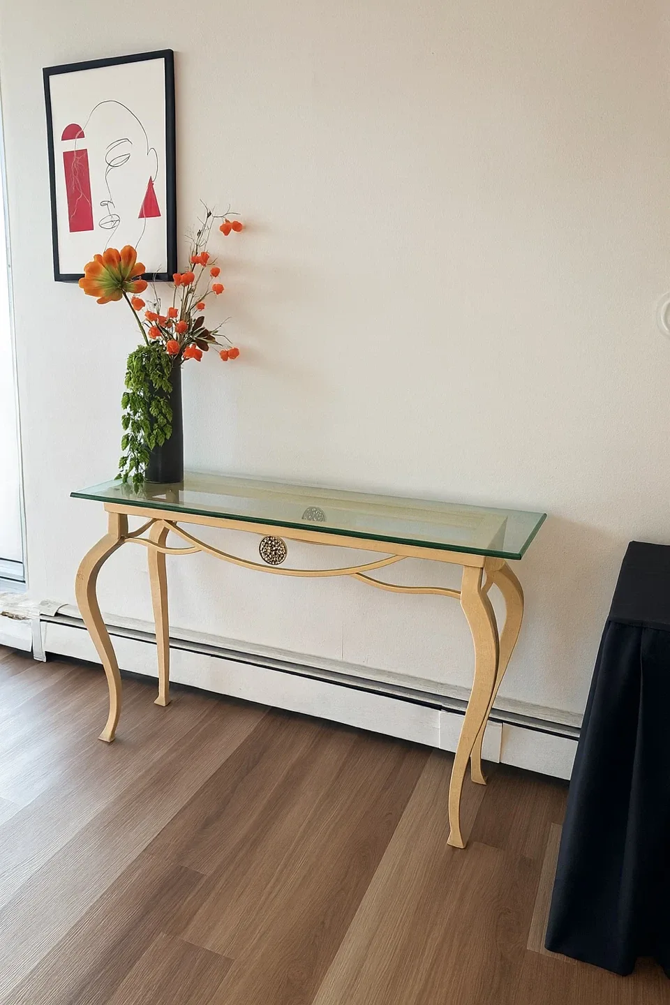 Glass Top Console Table with Gold Legs