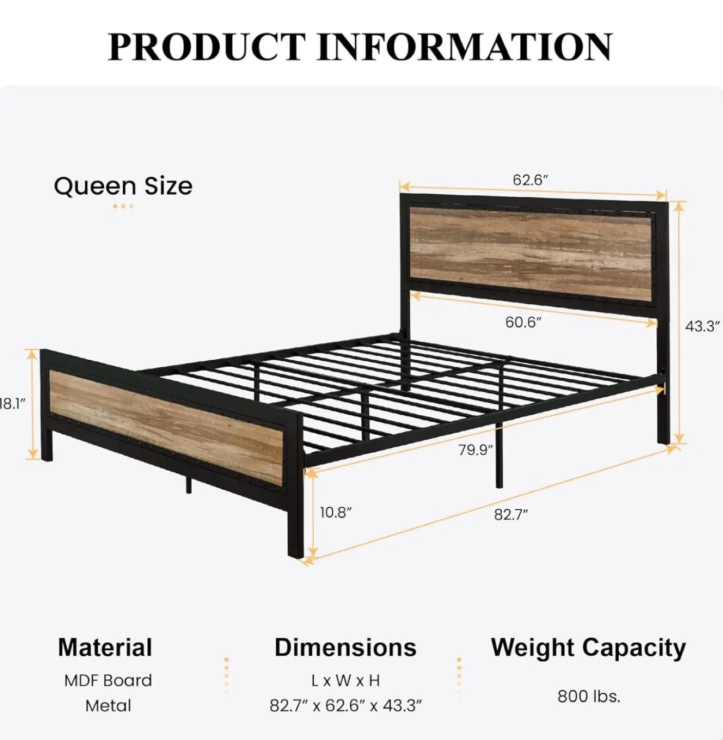 Queen Size Bed Frame - Metal and Wood