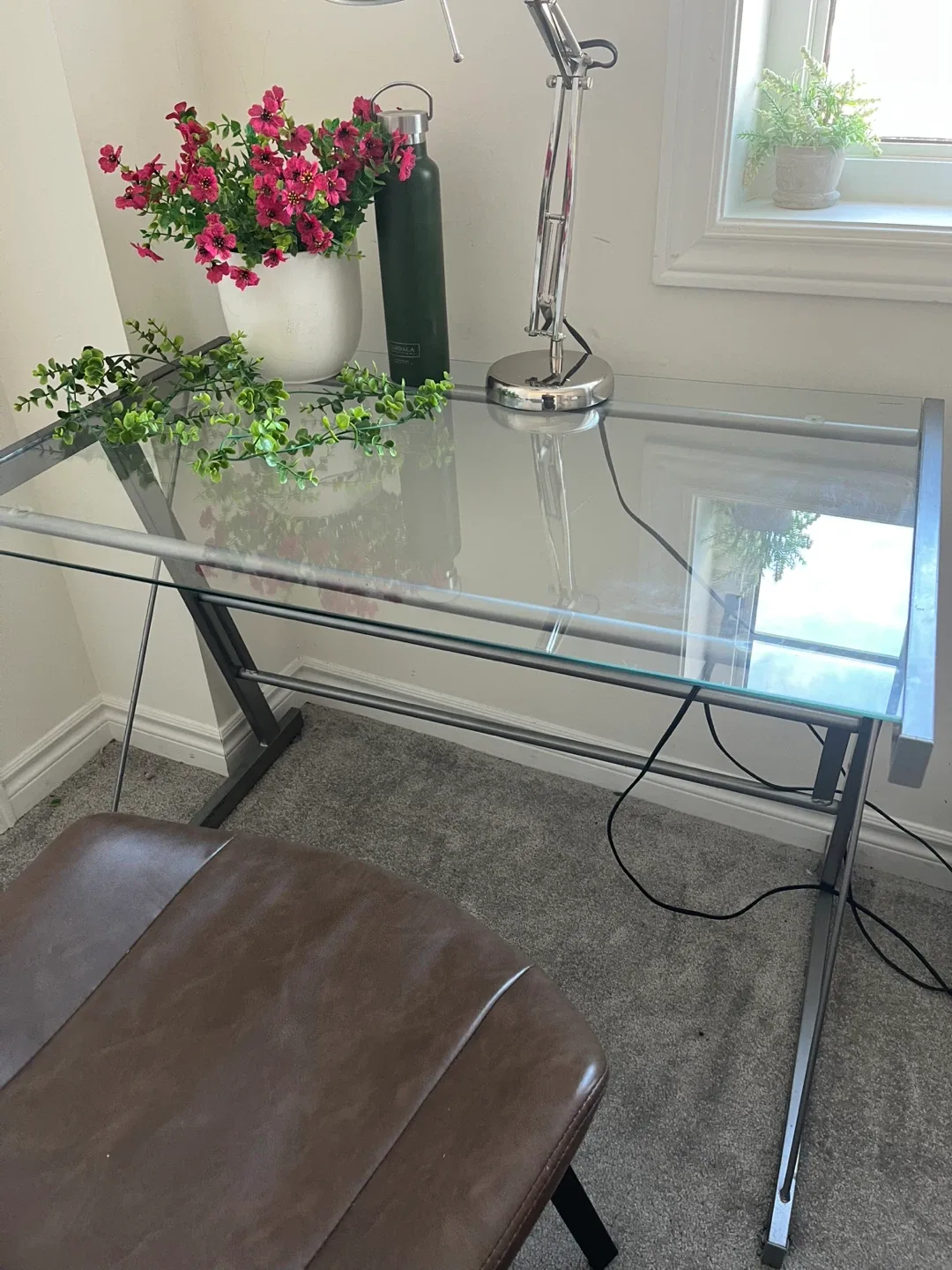 Glass Top Desk & Brown Faux Leather Stool image indicator(3)