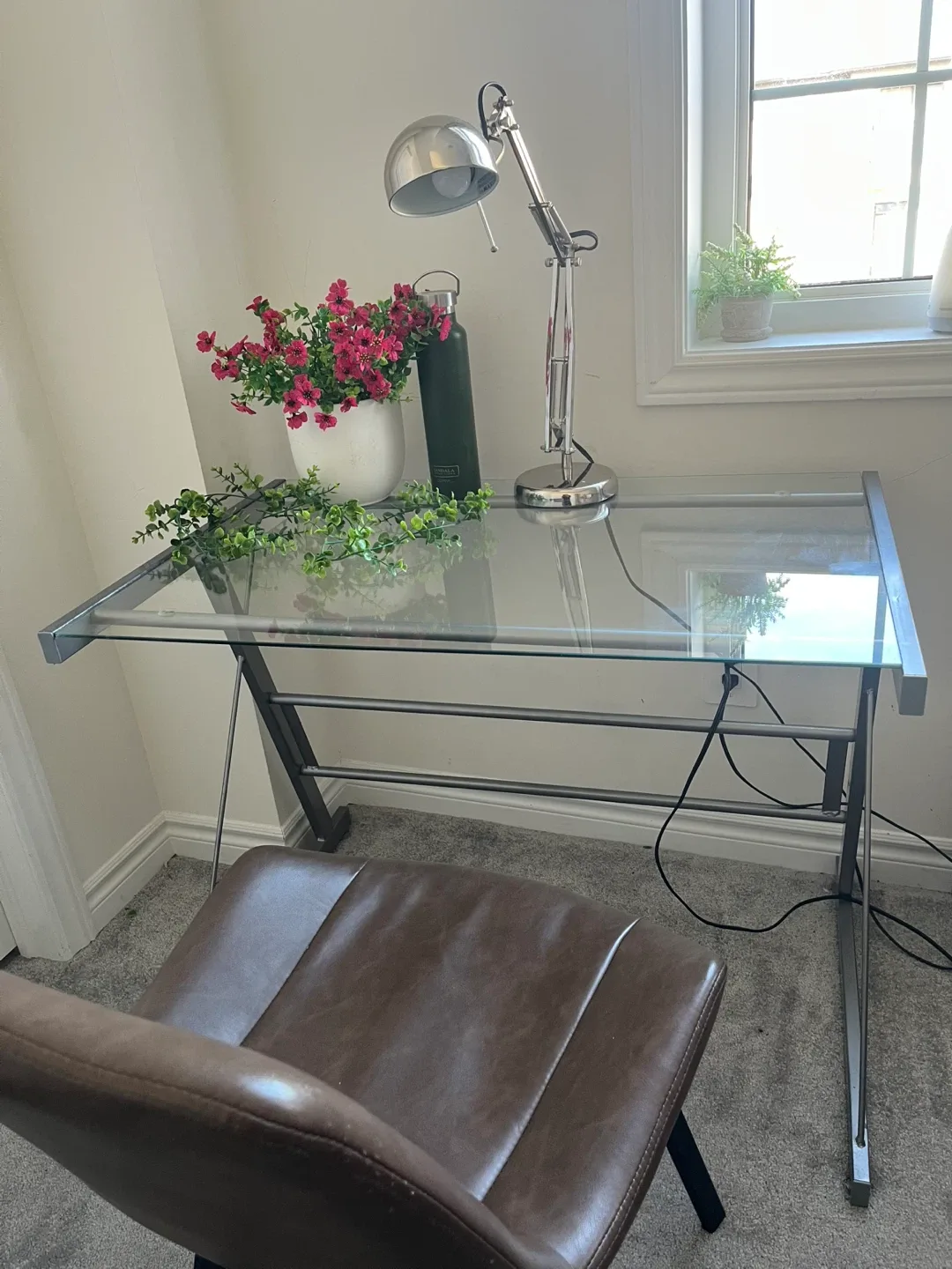 Glass Top Desk & Brown Faux Leather Stool image indicator(2)