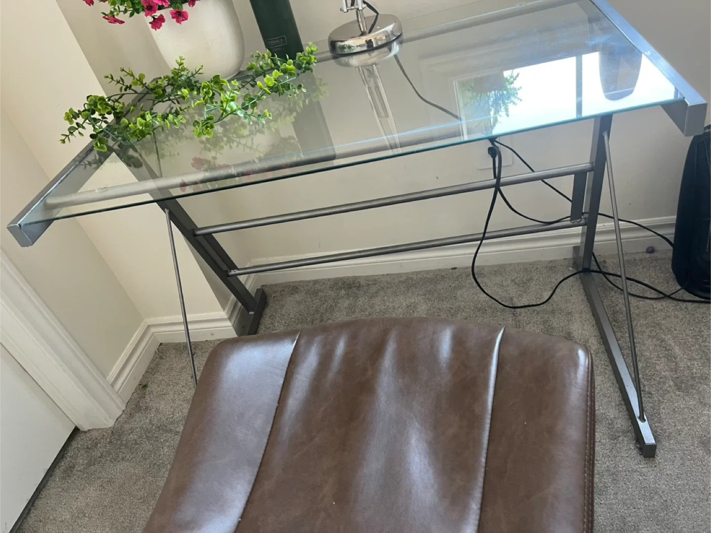 Glass Top Desk & Brown Faux Leather Stool