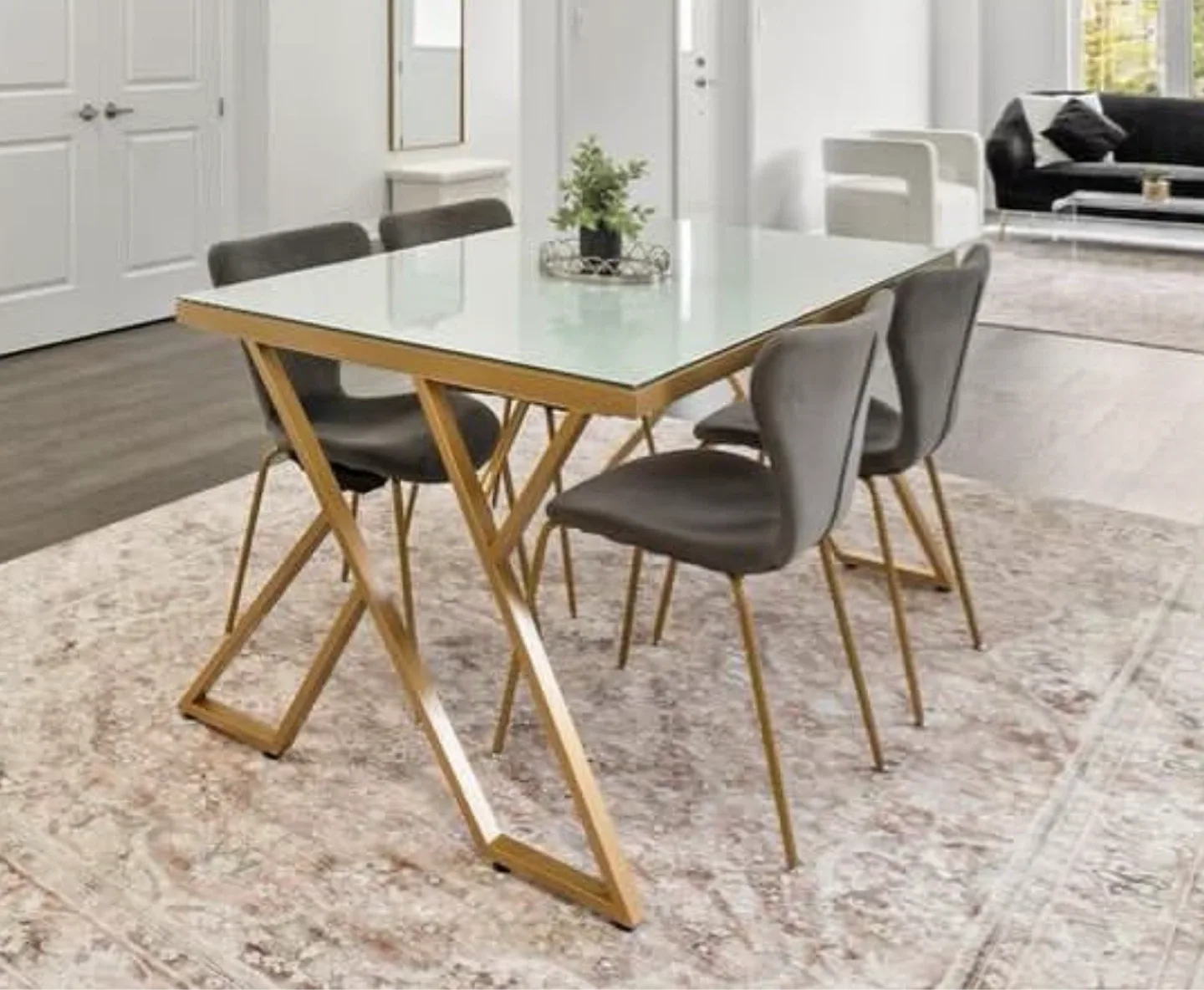 Gold Dining Table Set with 4 Grey Velvet Chairs