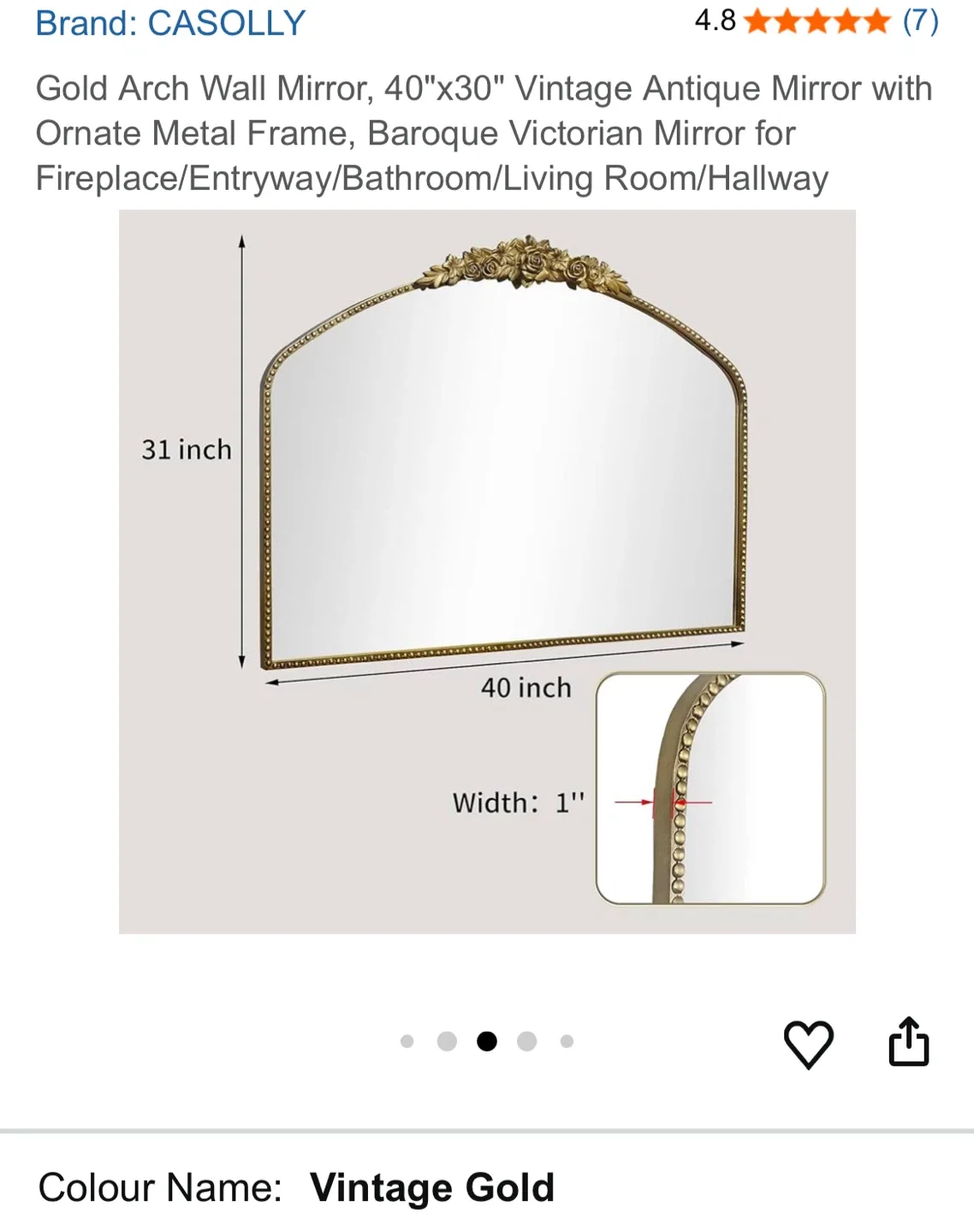 CASOLLY Gold Arch Wall Mirror 40"x30" image indicator(3)
